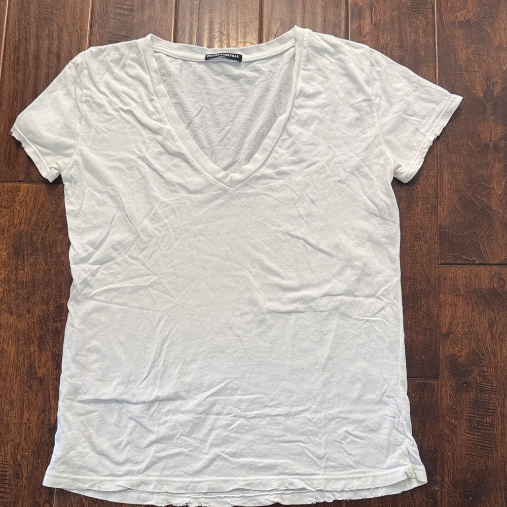 Brandy Melville White V-Neck Short Sleeve Tee